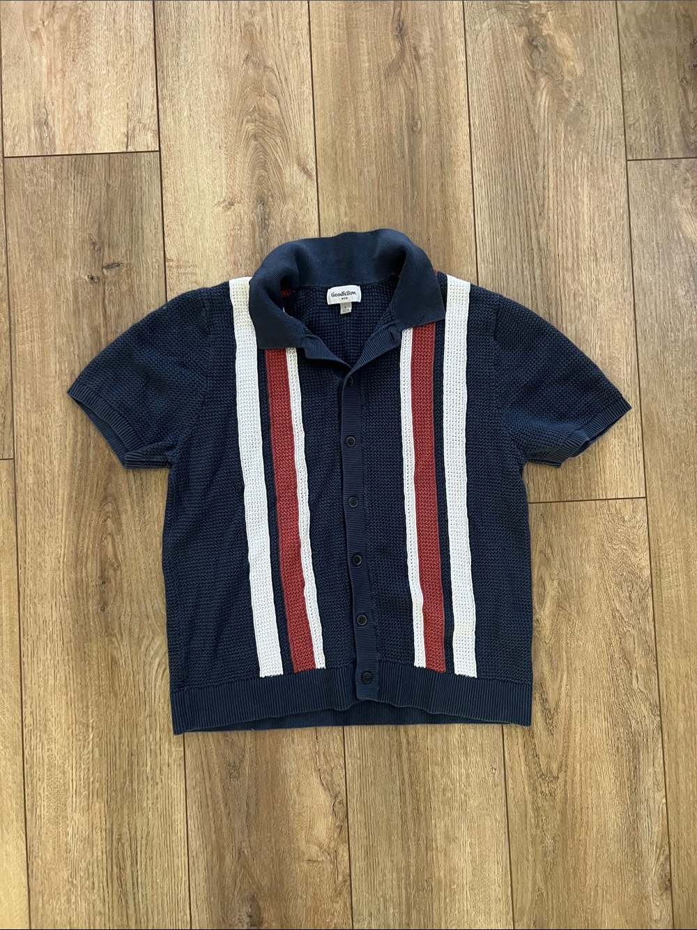 Goodfellow & Co Navy Short-Sleeve Button Shirt with Red & White Stripes